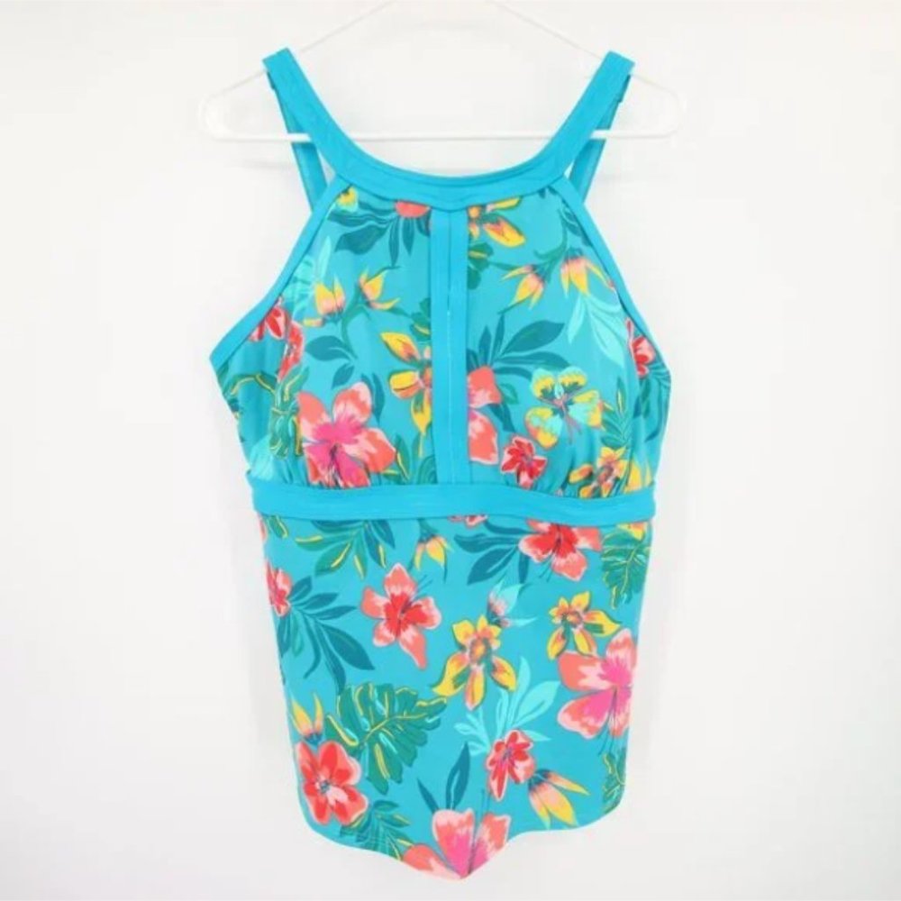 NWOT Lands End Blue Tropical Pattern Swim Tankini Top Halter Neck Size 16DDD